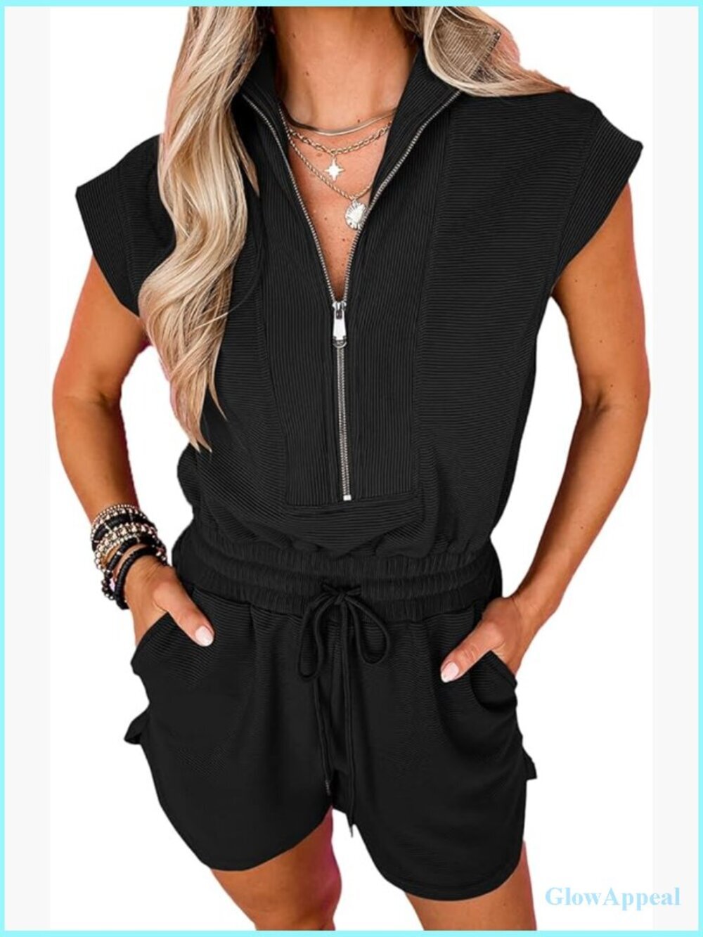Women's Summer Short Sleeve Half Zip Romper Jumpsuit with Pockets